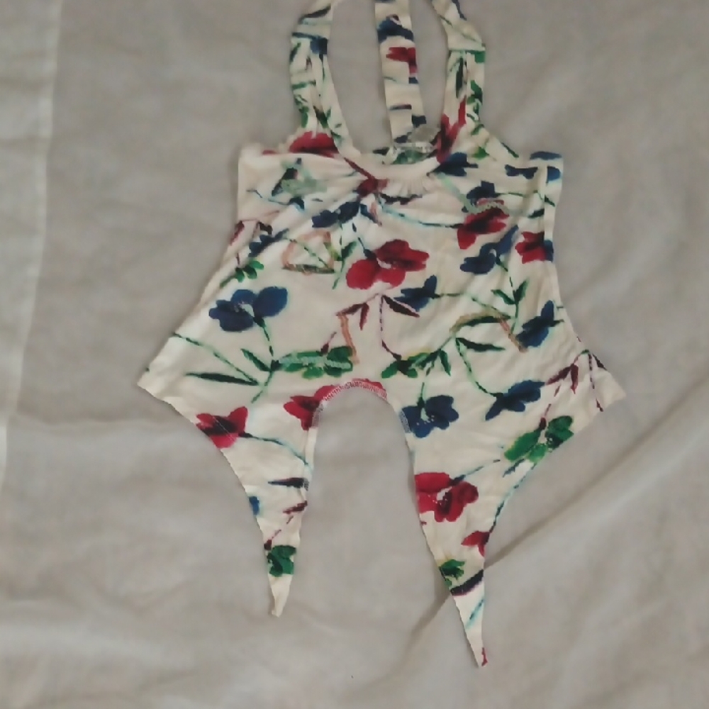 American Rag White Floral Crop Top with Red, Blue & Green Print